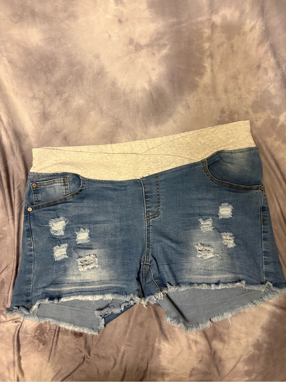Amazon Blue Distressed Denim Maternity Shorts with Gray Stretch Waistband